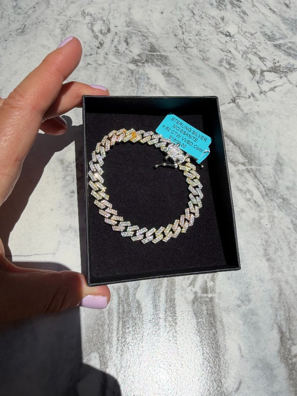 Iced-Out Cuban Link Bracelet, Sterling Silver Moissanite, 4.62 CTW